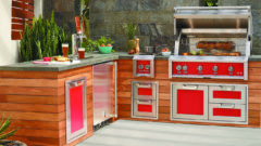 red and wood outdoor grill kitchen